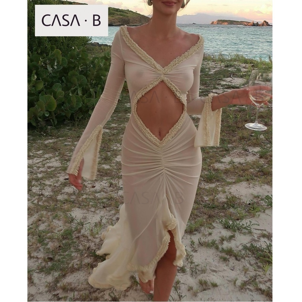NEW💫to CASA B|“Glamour de Cannes” Mesh Cut-Out Frill Sheer Long Sleeve Lux Gown